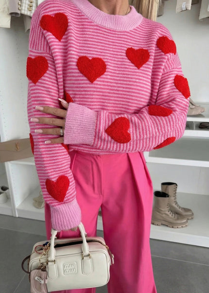 Gray Stripe Contrast Heart Pattern Valentine Knit Sweater