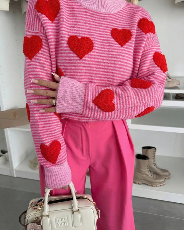 Gray Stripe Contrast Heart Pattern Valentine Knit Sweater