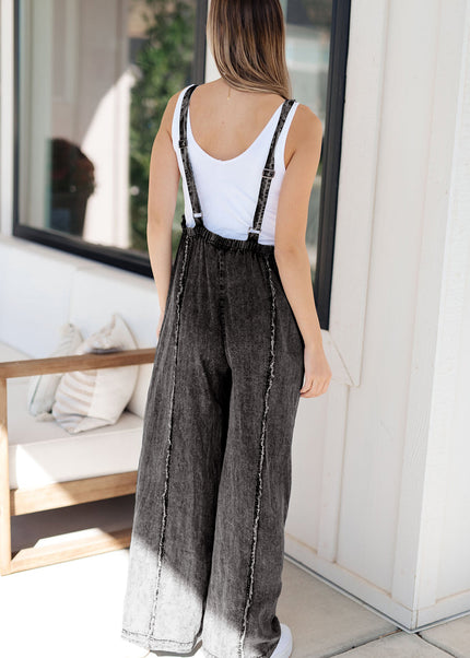 Beau Blue Light Wash Frayed Exposed Seam Wide Leg Denim Overall