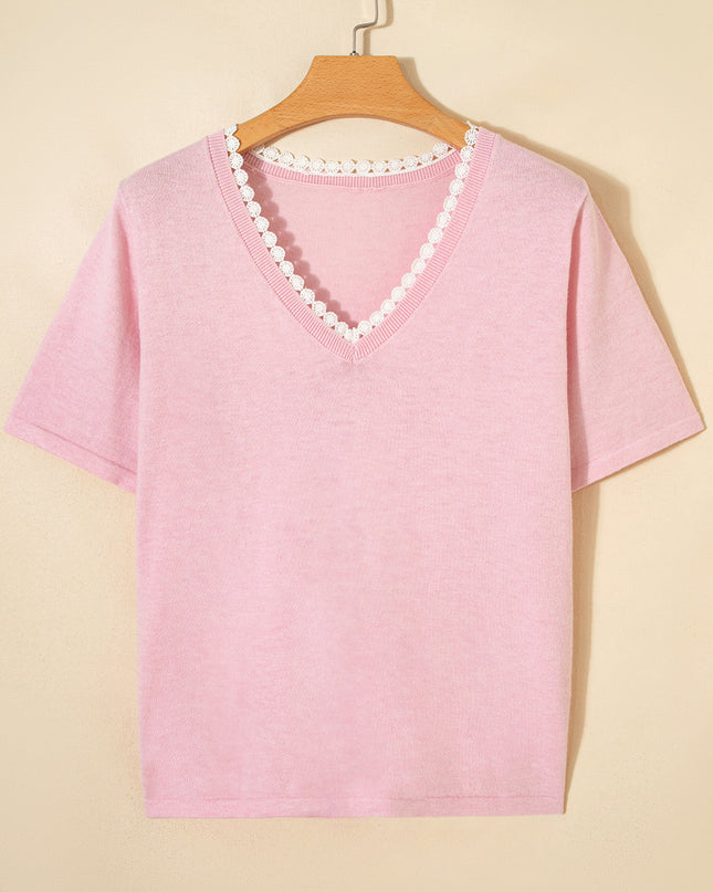 Strawberry Pink Lacy V Neckline Short Sleeve Sweater