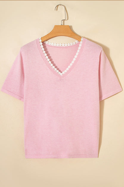 Strawberry Pink Lacy V Neckline Short Sleeve Sweater