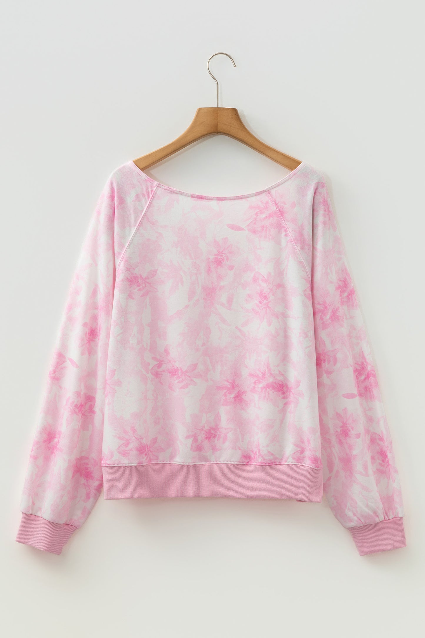 Pink Abstract Woodland Print Asymmetric Shoulder Long Sleeve Top