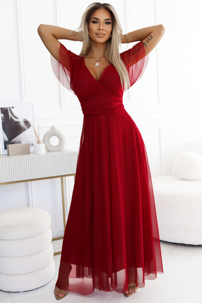 562-2 NASTIA Long dress with neckline and short sleeves - burgundy