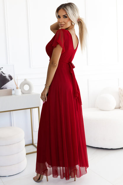 562-2 NASTIA Long dress with neckline and short sleeves - burgundy