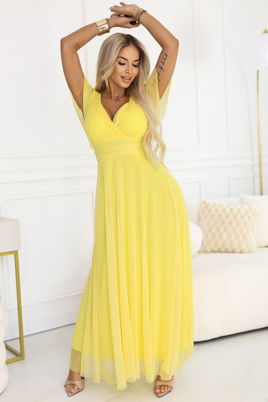 562-8 NASTIA Long dress with a neckline, tie and short sleeves - lemon limoncello