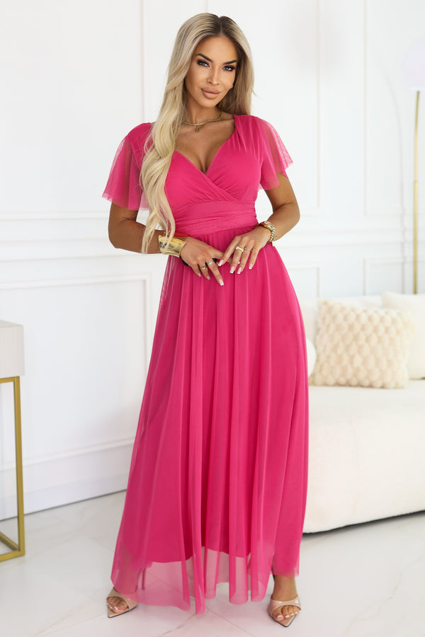 562-9 NASTIA Long dress with a neckline, tie and short sleeves - raspberry sorbet