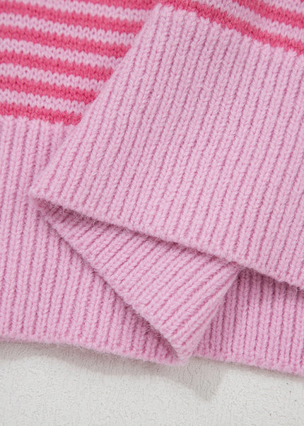 Gray Stripe Contrast Heart Pattern Valentine Knit Sweater