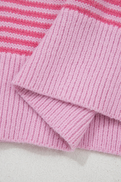 Gray Stripe Contrast Heart Pattern Valentine Knit Sweater