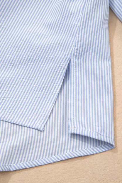 Sky Blue Stripe Ruffled Leopard Patchwork Long Sleeve Button Down Loose Shirt