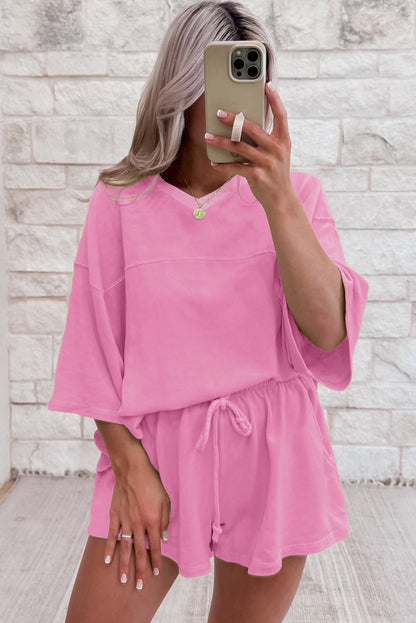 Meadow Mist Green Solid Loose V Neck Half Sleeve Tee and Shorts Set