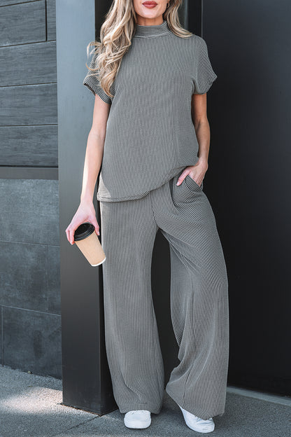 Dark Grey Twisted Ribbed High Neck Loose Tee Elastic High Waist Loose Pant Set