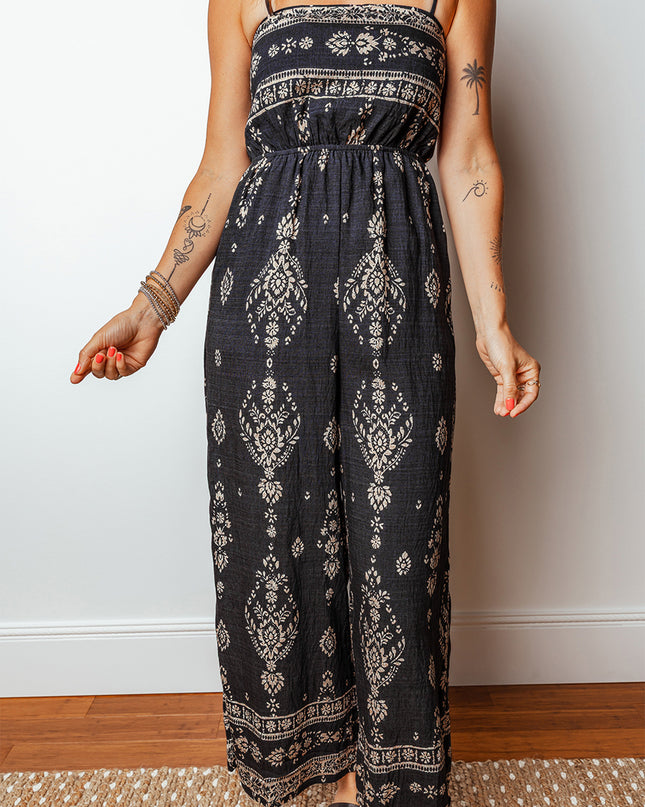 Black Spaghetti Straps Elastic Waist Loose Ethnic Print Jumpsuit