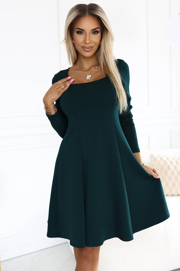 574-1 IVANA comfortable trapeze dress with a neckline and long sleeves - green