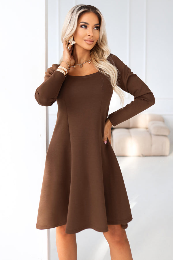 574-2 IVANA comfortable trapeze dress with a neckline and long sleeves - chocolate