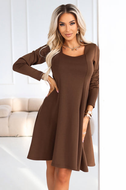 574-2 IVANA comfortable trapeze dress with a neckline and long sleeves - chocolate