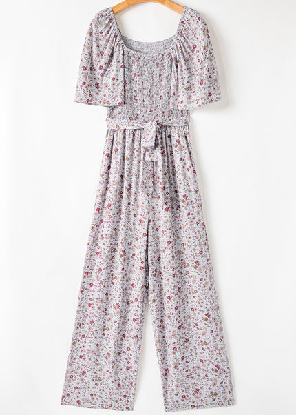White Smocked Short Sleeve Wide Leg Floral Print Jumpsuit