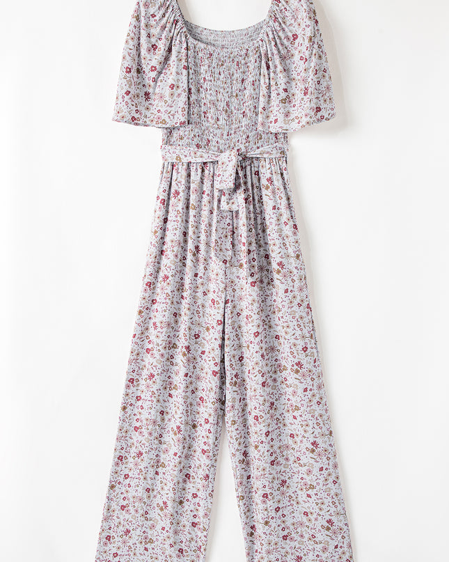 White Smocked Short Sleeve Wide Leg Floral Print Jumpsuit
