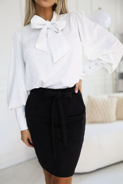 578-2 Unique long sleeve business blouse with ties and buttons - white with a silver pattern