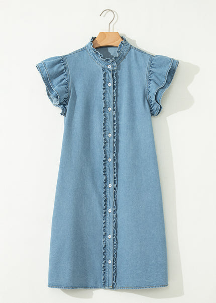 Myosotis Frilled Detail Button Down Ruffle Short Sleeve Denim Mini Dress