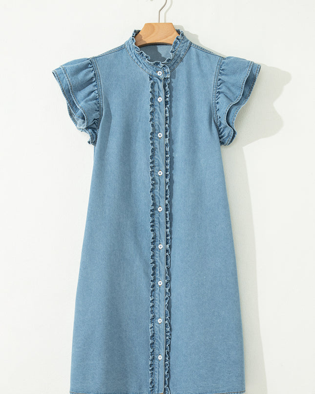Myosotis Frilled Detail Button Down Ruffle Short Sleeve Denim Mini Dress