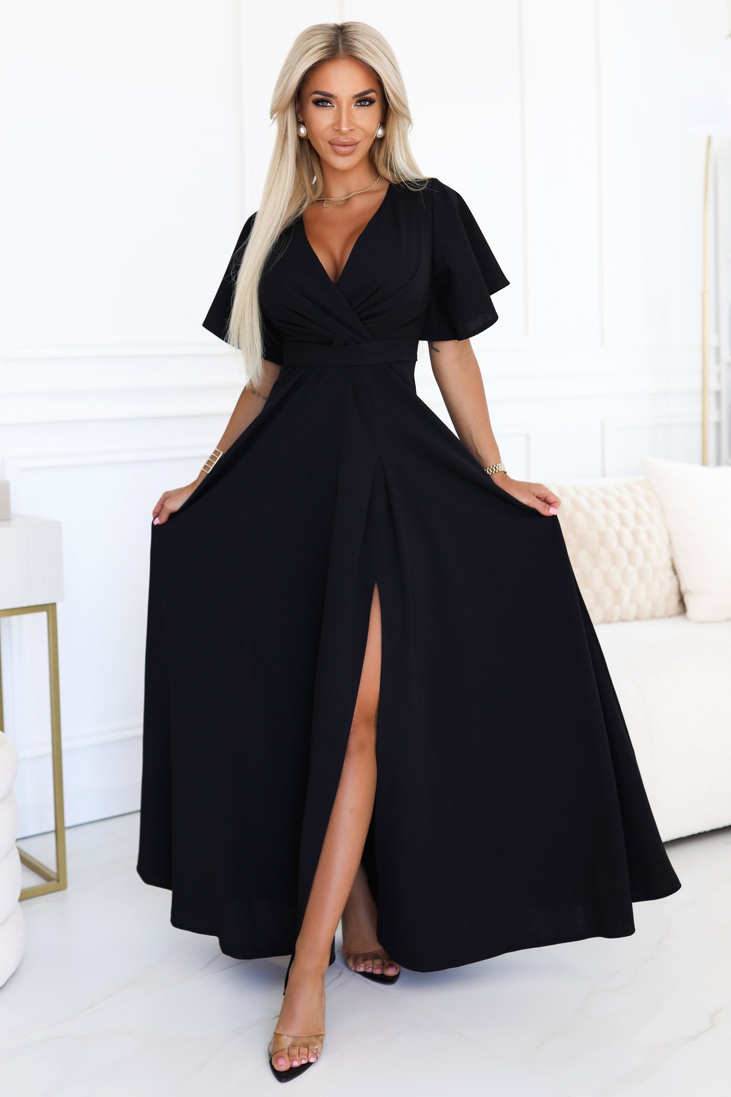 581-7 JENNIFER long dress with a leg slit, sleeves and a neckline - black