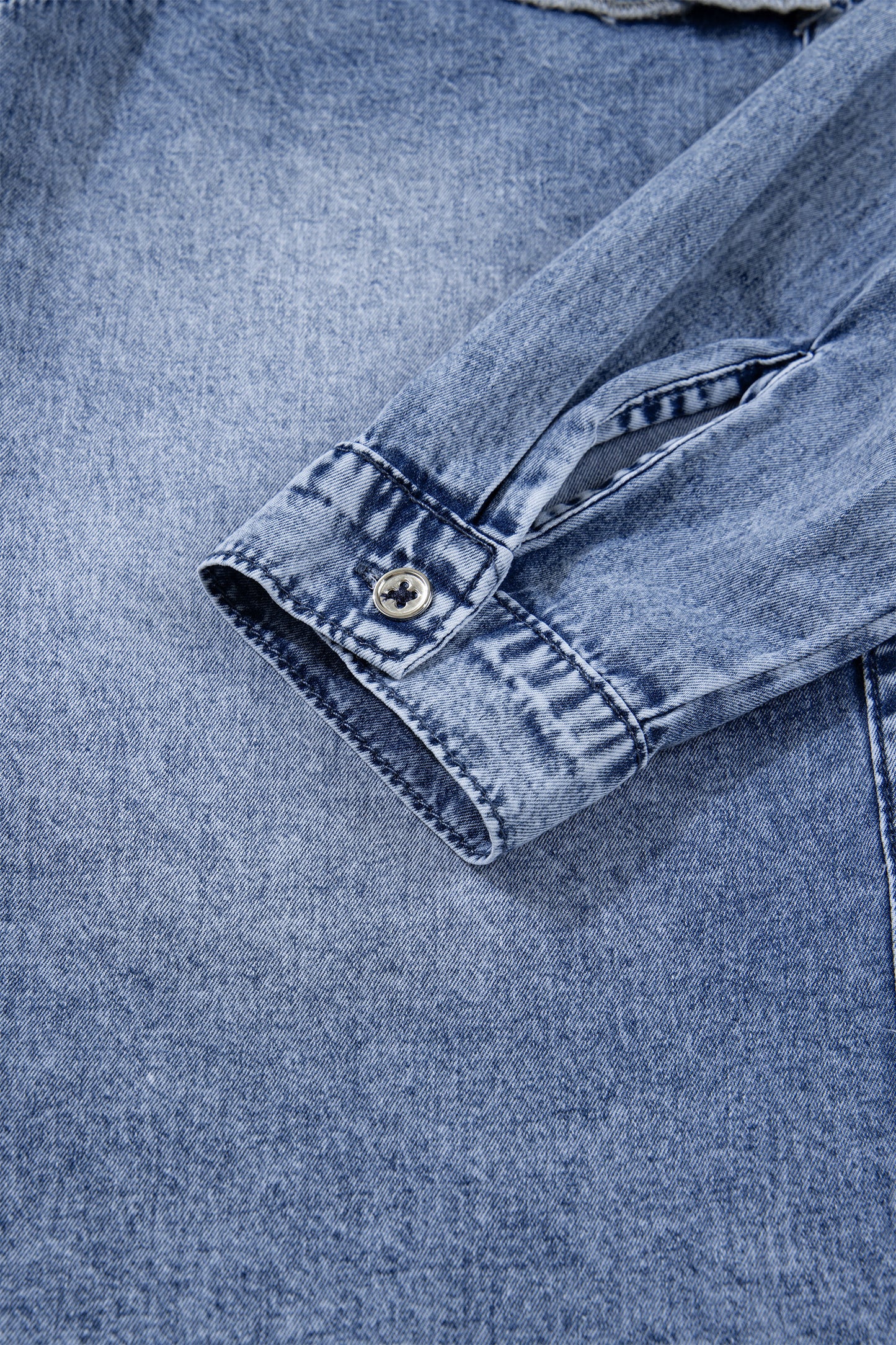 Dusk Blue Vintage Wash Denim Ruffle Detail Button Down Shirt