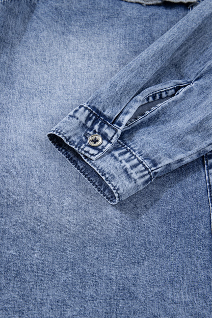 Dusk Blue Vintage Wash Denim Ruffle Detail Button Down Shirt
