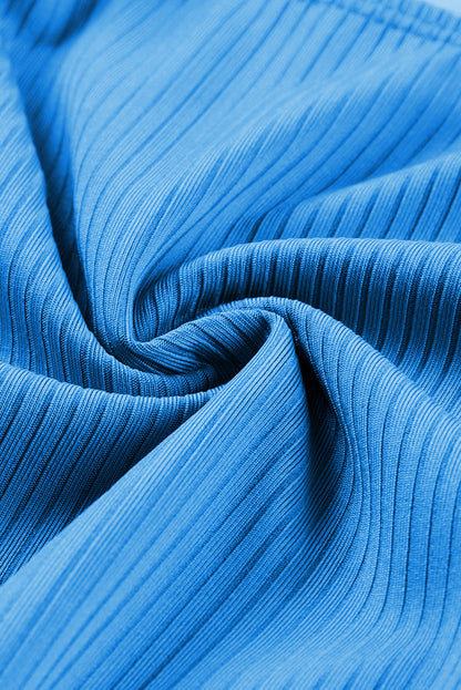 Sky Blue Adjustable Straps Ribbed Knit One Piece Swimsuit