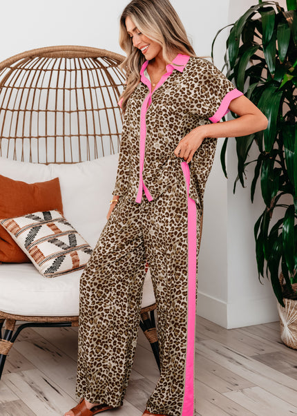 Brown Contrast Trim Leopard Top and Pant Set