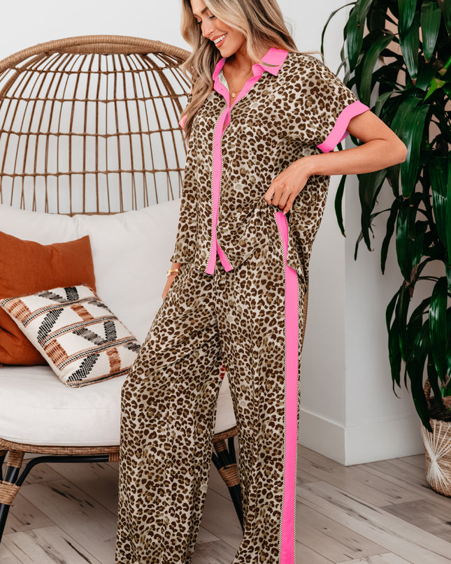 Brown Contrast Trim Leopard Top and Pant Set