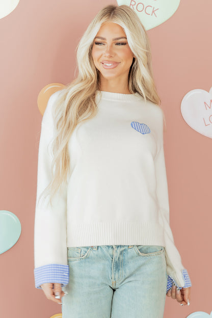 Light Pink Plaid Heart Embroidered Cuffed Drop Shoulder Crew Neck Sweater