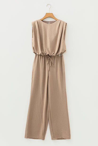 Pale Khaki Solid Color Keyhole Puffy Tank Drawstring Loose Pants 2pcs Set Outfit