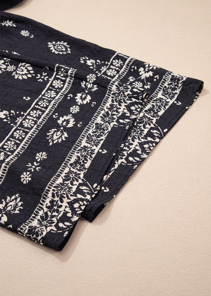 Black Spaghetti Straps Elastic Waist Loose Ethnic Print Jumpsuit