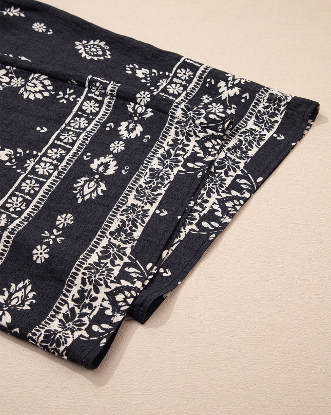 Black Spaghetti Straps Elastic Waist Loose Ethnic Print Jumpsuit
