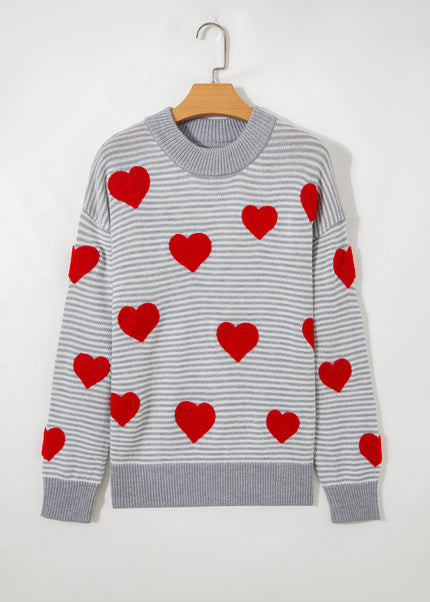 Gray Stripe Contrast Heart Pattern Valentine Knit Sweater