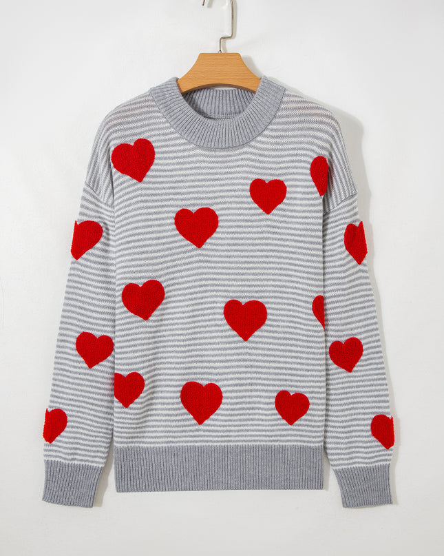 Gray Stripe Contrast Heart Pattern Valentine Knit Sweater