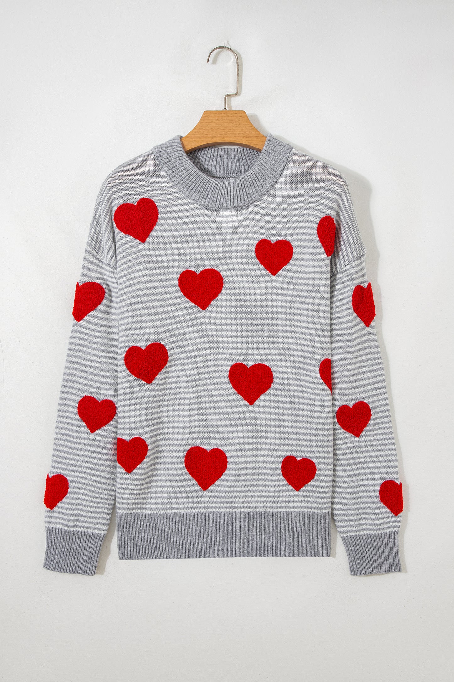 Gray Stripe Contrast Heart Pattern Valentine Knit Sweater