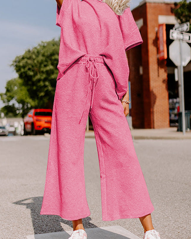Black Textured Loose Fit T Shirt and Drawstring Pants Set