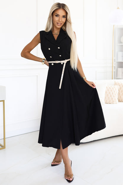 596-3 Elegant midi shirt dress with gold buttons and belt - black
