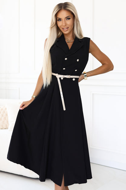 596-3 Elegant midi shirt dress with gold buttons and belt - black
