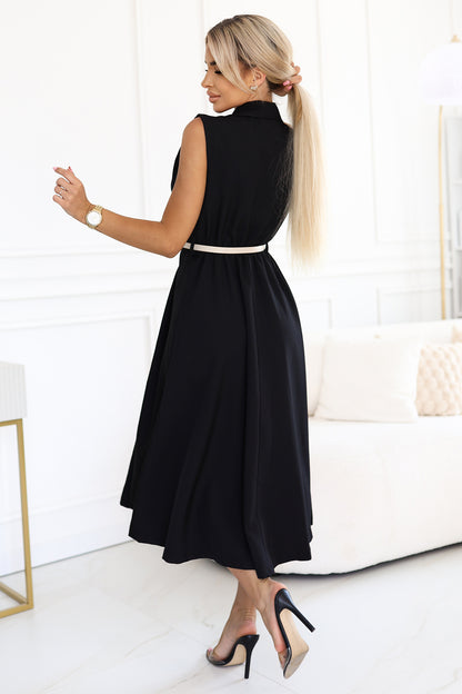 596-3 Elegant midi shirt dress with gold buttons and belt - black