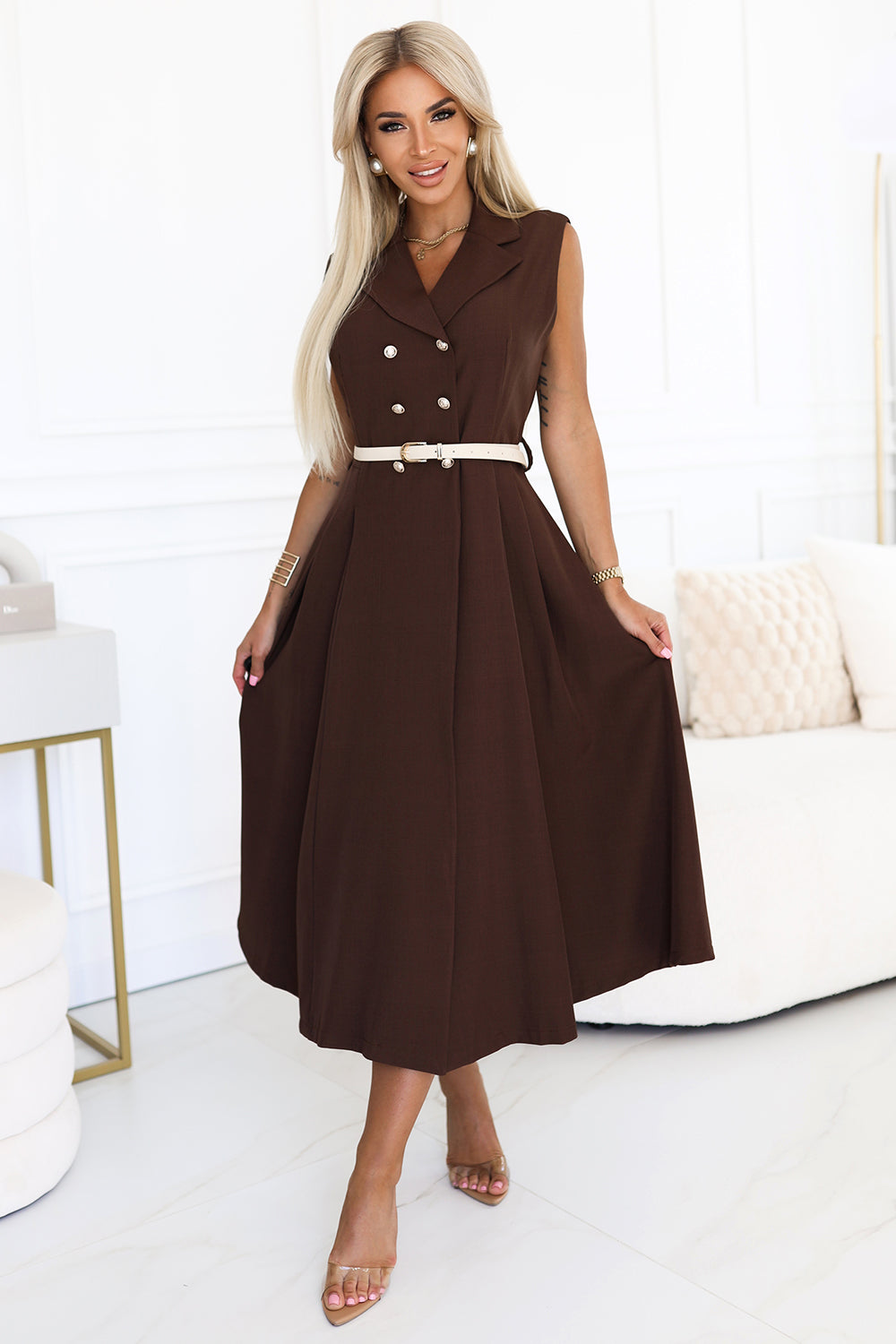 596-4 Elegant midi shirt dress with gold buttons and belt - chocolate
