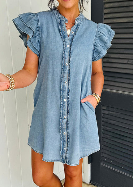 Myosotis Frilled Detail Button Down Ruffle Short Sleeve Denim Mini Dress