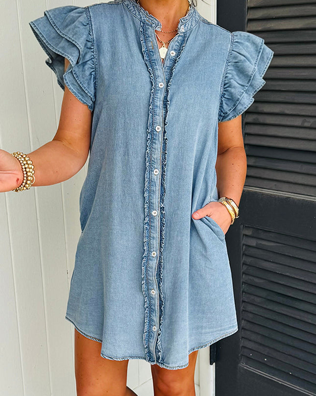 Myosotis Frilled Detail Button Down Ruffle Short Sleeve Denim Mini Dress