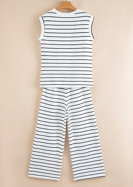 Rose Stripe Casual Wide Leg 2pcs Pants Set