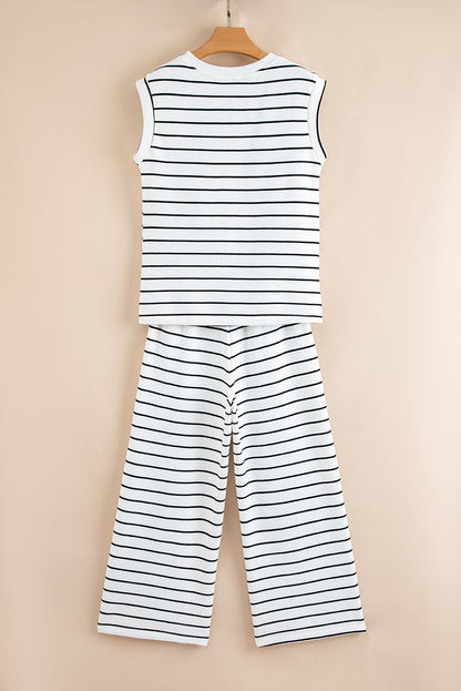 Rose Stripe Casual Wide Leg 2pcs Pants Set