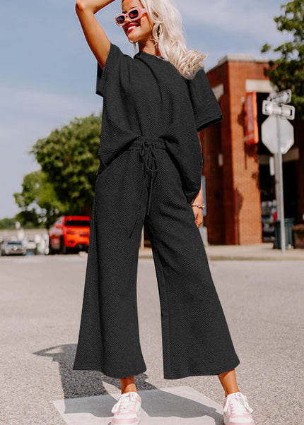 Black Textured Loose Fit T Shirt and Drawstring Pants Set