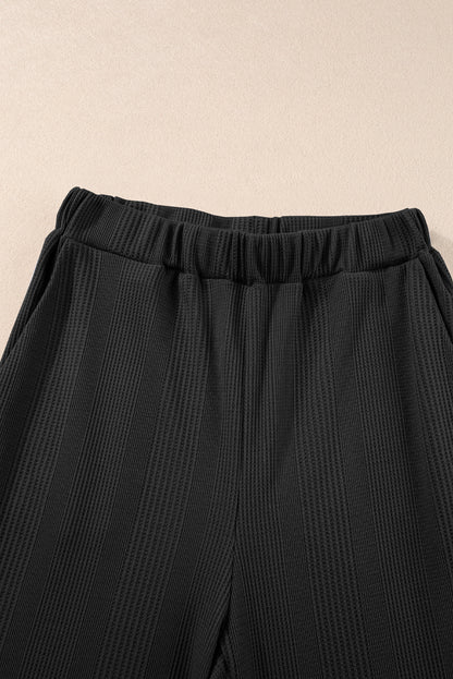 Beau Blue Solid Color Ribbed Ruffle Tank Top and Pants Set