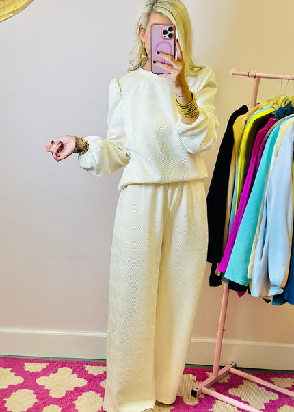 Rose Red Textured Puff Sleeve Top and Pants Set