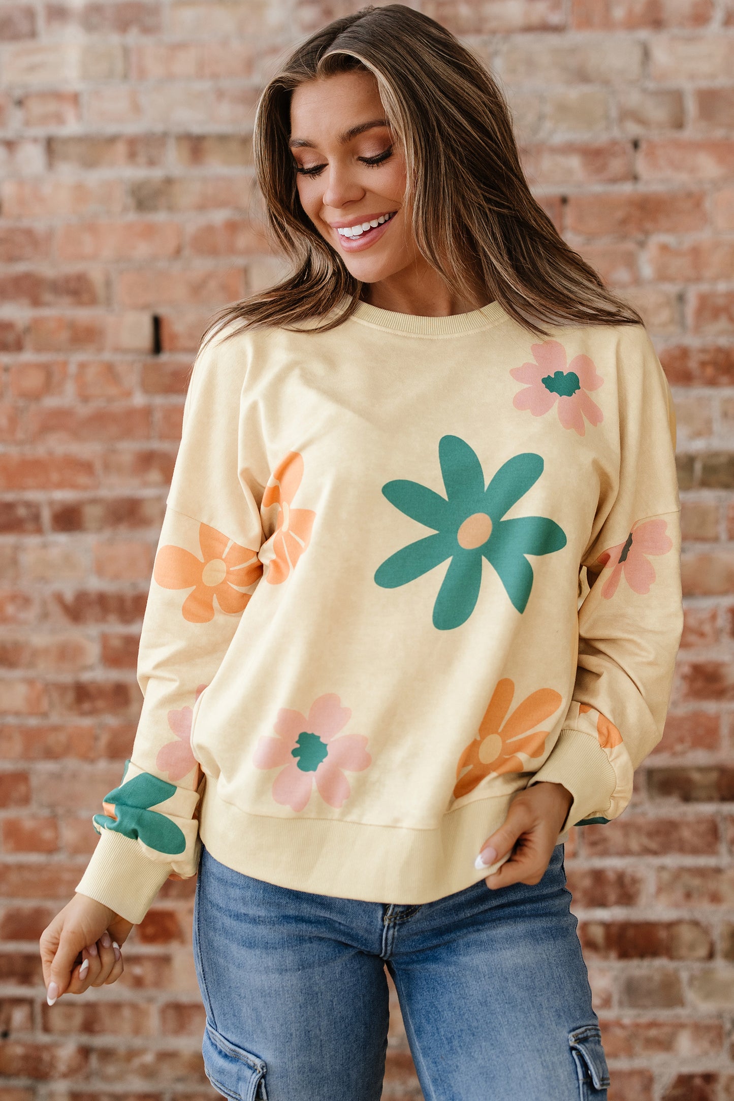 Khaki Mineral Washed French Terry Flower Print Sweatshirt